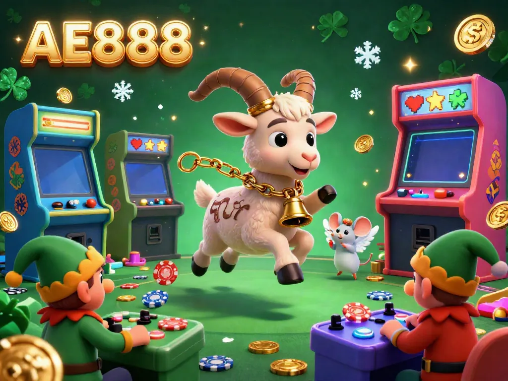 Experience thrilling gaming with AE8888 in a festive 3D casino scene featuring playful characters.