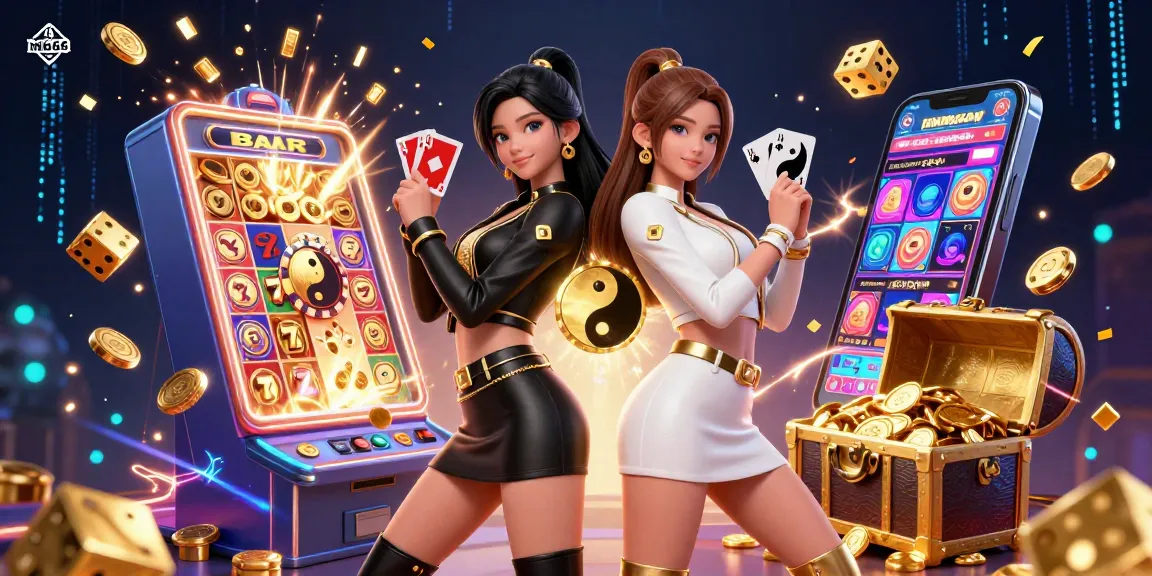 Engage with mb66's vibrant casino spirit featuring twin Asian women holding playing cards and surrounded by jackpots.