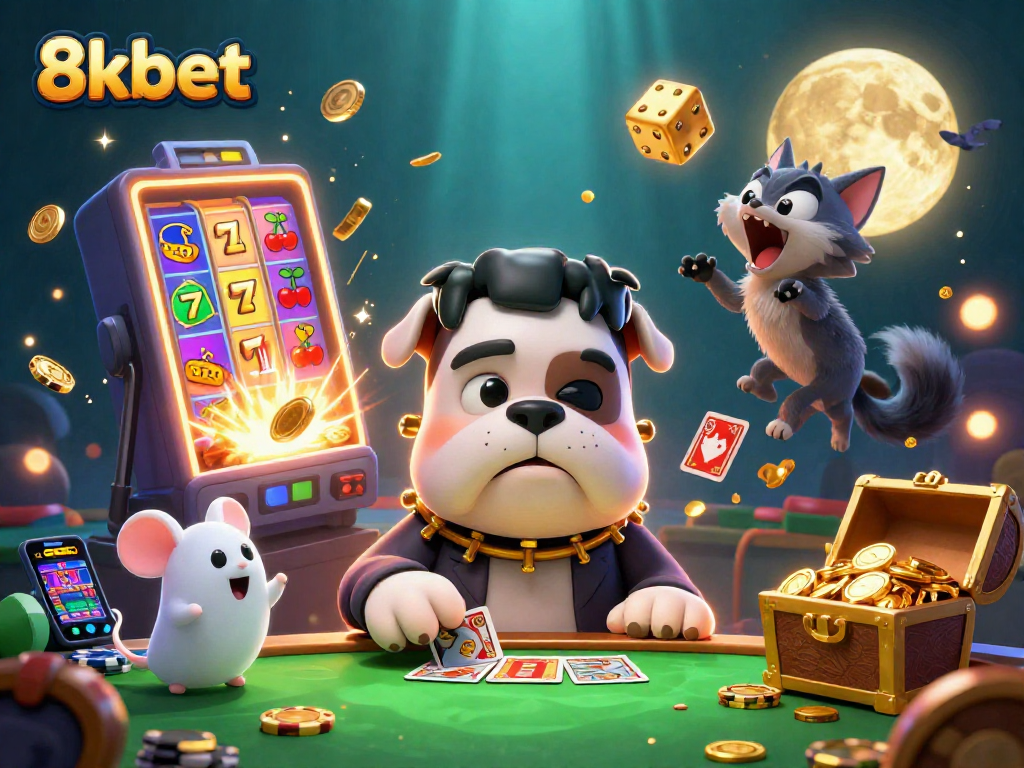 Experience thrilling gaming at 8kbet with a lively 3D casino scene featuring fun characters and dynamic elements.