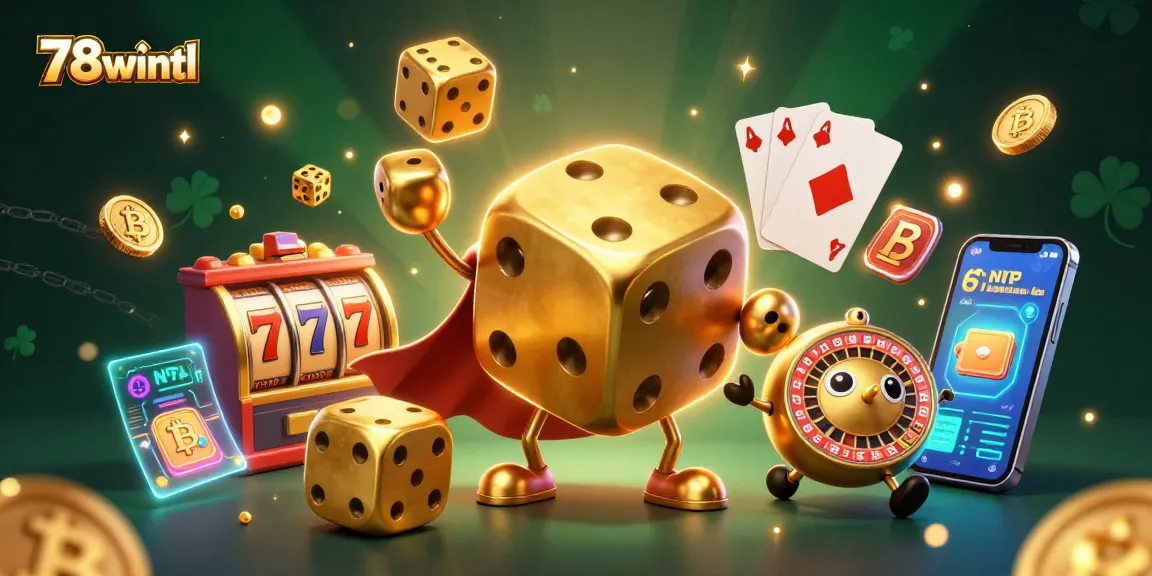 Join the excitement at 78wintl with a lively scene of a golden dice golem amidst slot reels and vibrant casino elements.