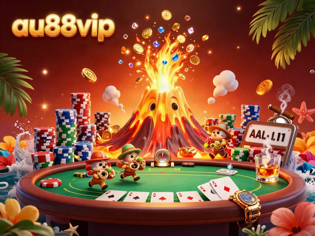 Win big at au88vip with thrilling casino action featuring a golden volcano, poker elements, and treasure!