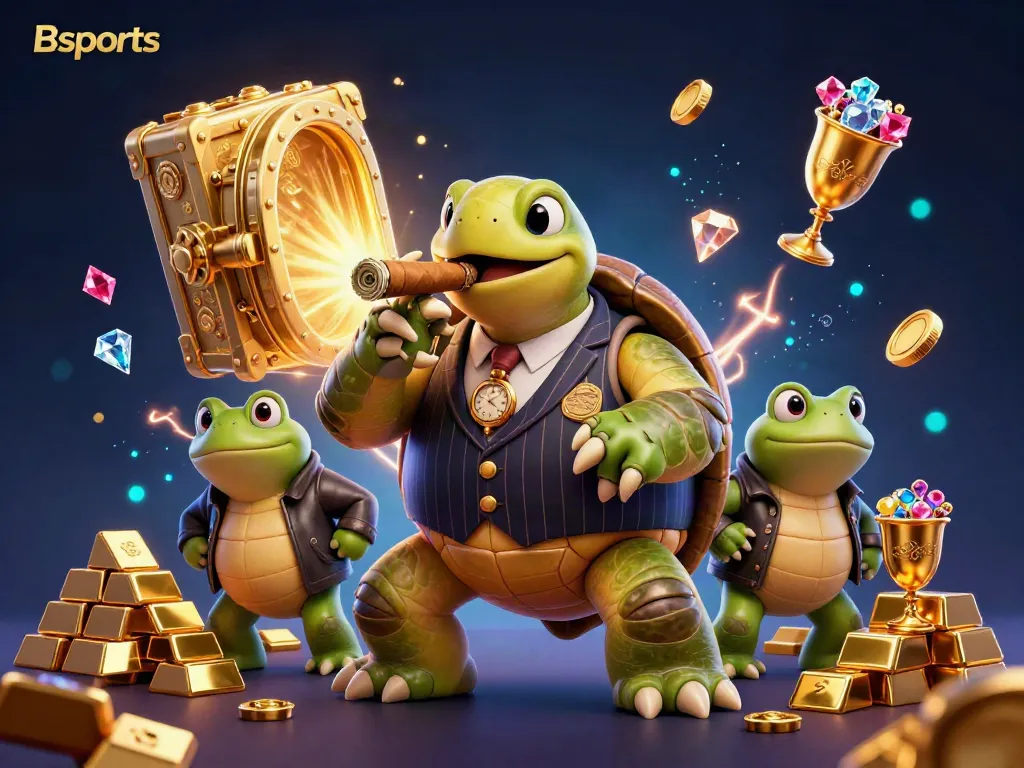 Experience the thrilling world of Bsports with a cartoon turtle mobster and frog enforcers in a vibrant casino scene.