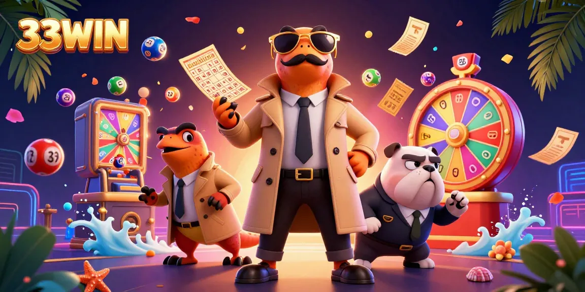 33WIN invites players into a vibrant lottery scene with raptors and a bulldog bouncer.