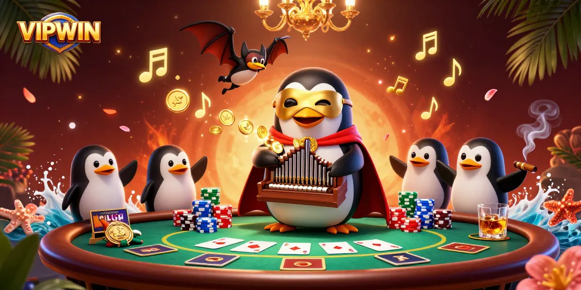 Engage with VIPWIN's dynamic casino experience featuring a penguin playing an organ with golden coins.