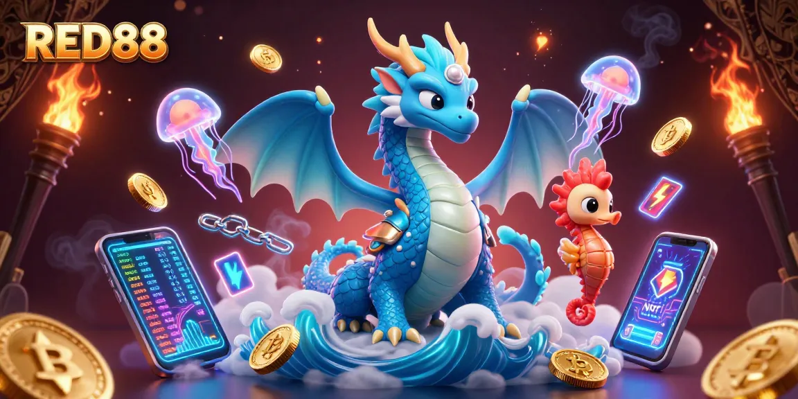 Experience thrilling wins with RED88 in this vibrant 3D crypto casino scene featuring dragons and jellyfish.