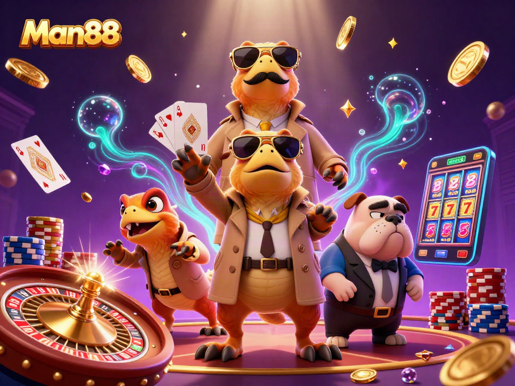 Experience fun with Man88 as cartoon raptors gather coins and spin a roulette wheel in a vibrant casino.