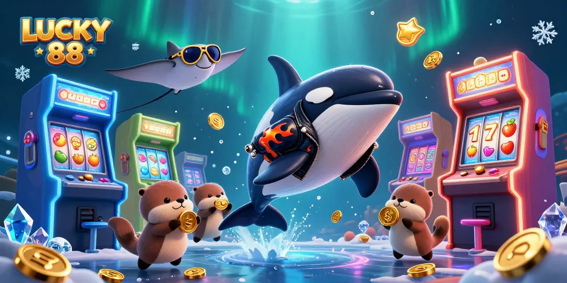 LUCKY 88 slots charm as characters celebrate with coins and arcade chaos in a vibrant casino.