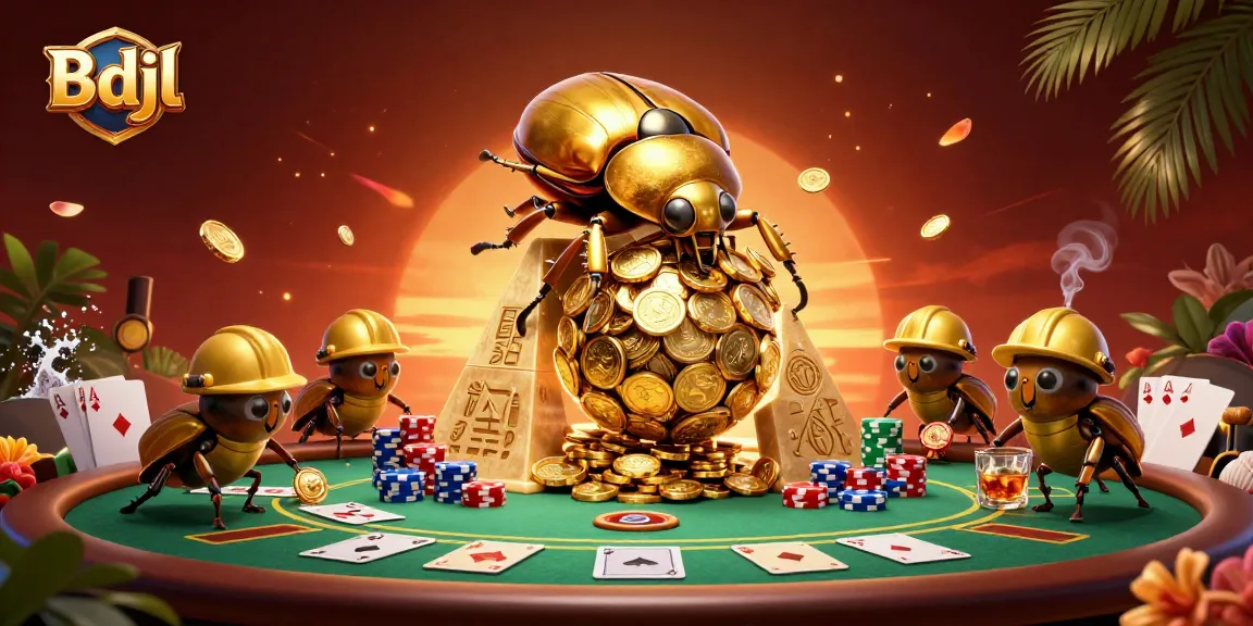 Experience thrilling moments at Bdjl's casino with a golden beetle rolling coins and poker action.