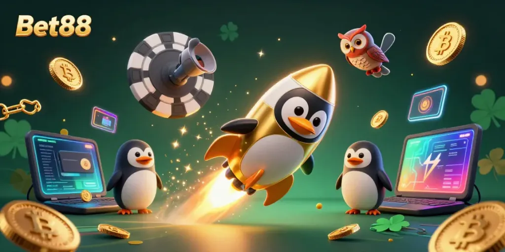 Engage with Bet88's thrilling gaming universe featuring a golden penguin and poker chip space station.