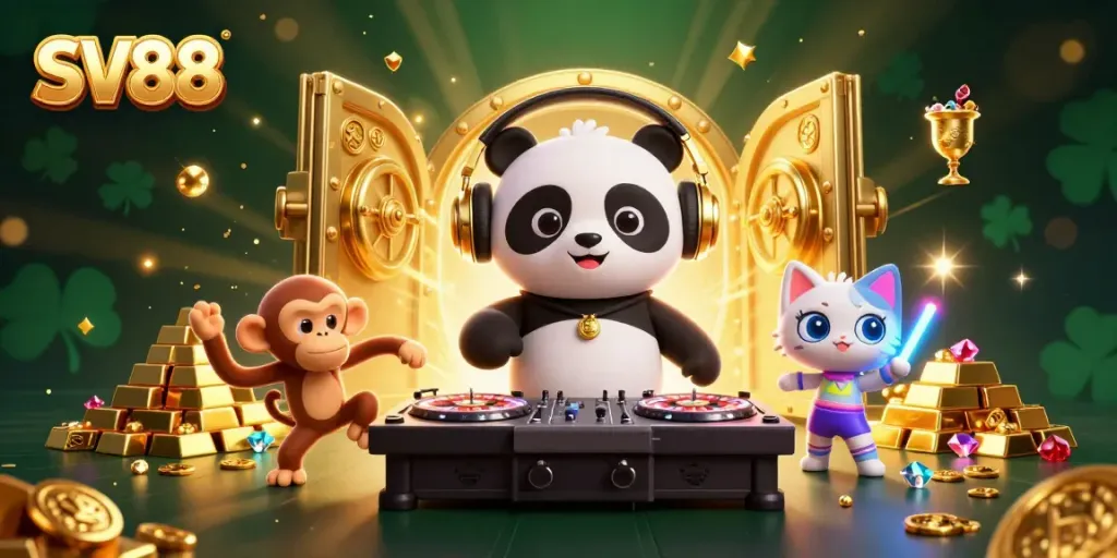 Engage with SV88's vibrant gaming scene featuring a DJ panda, breakdancing monkey, and rave kitten.