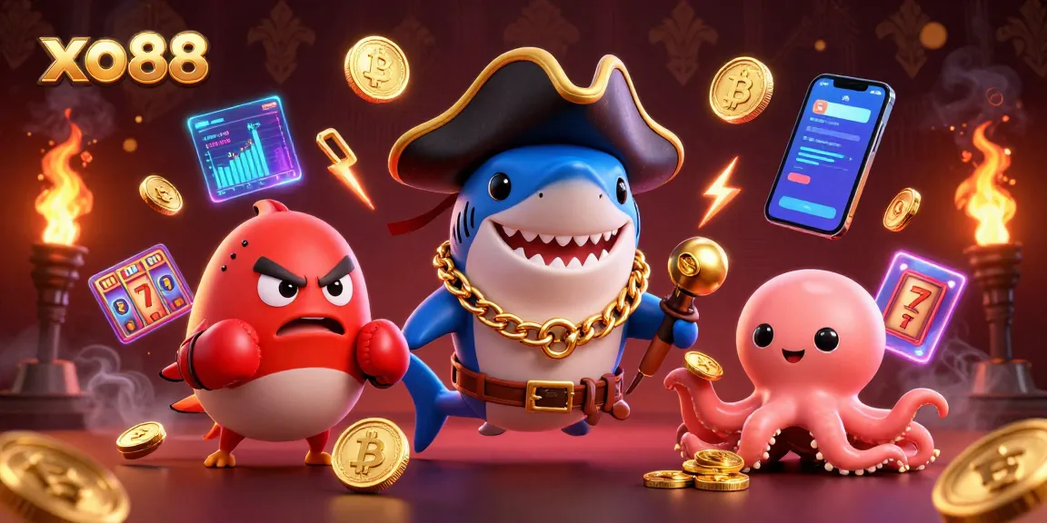 Experience the excitement of xo88 with a vibrant casino illustration featuring dynamic characters and crypto elements.