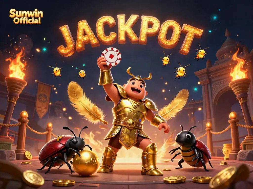 Experience the excitement of Sunwin Official with vibrant, cartoon-style casino elements featuring a champion beetle celebrating a jackpot.