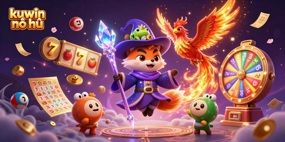 Kuwin nổ hũ showcases vibrant gambling elements featuring a mystical fox wizard and a phoenix in a magical scene.