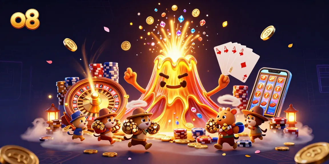 Engage with thrilling o8 casino games featuring a golden volcano erupting coins and treasures.
