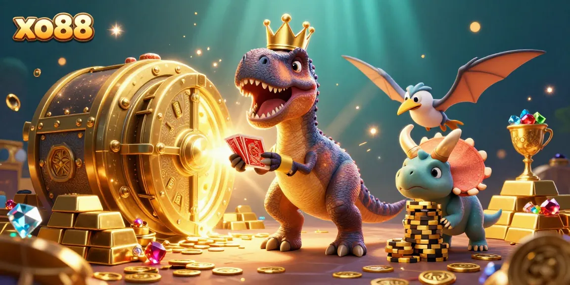 Join the excitement at xo88 with a T-Rex shuffling cards while treasures gleam around.