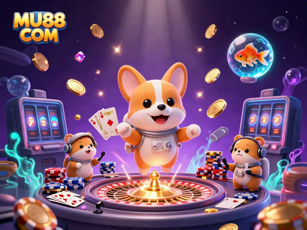 Experience winning thrills at MU88 COM with an animated scene of a playful astronaut corgi and vibrant casino elements.