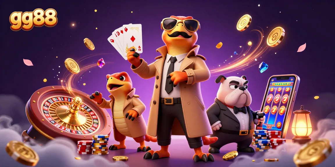 Experience excitement at GG88 casino with raptors sneaking into the VIP lounge amidst cascading gold coins and colorful chips.