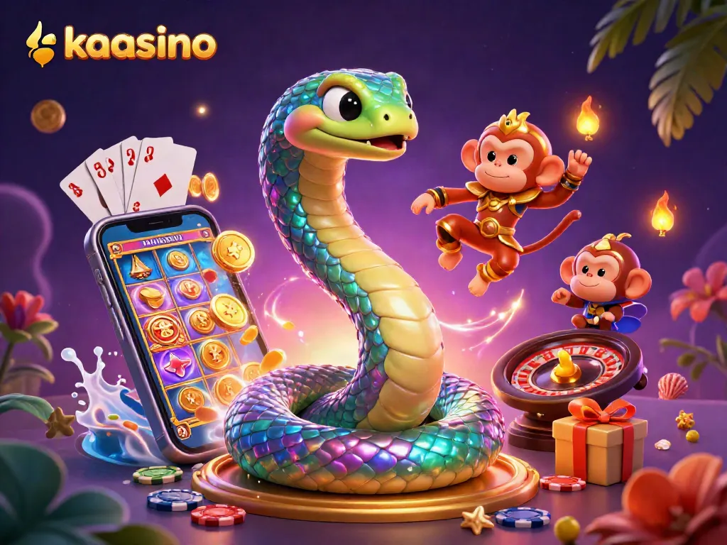 Kaasino features a vibrant 3D illustration with a colorful rainbow serpent and monkey king amidst dynamic gaming elements.