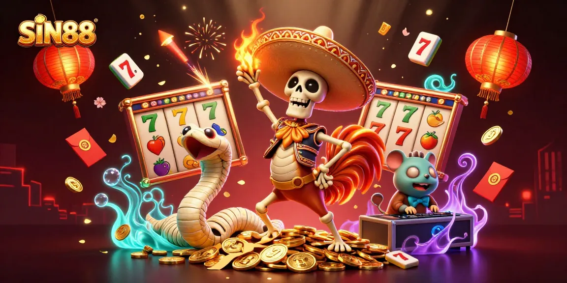 SIN88's vibrant casino celebration scene with a dancing rooster, mummy snake, and DJ hamster.
