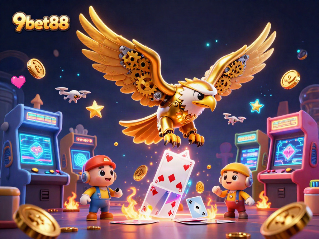 Experience the thrill of 9bet88 with a cybernetic golden eagle amidst colorful casino game elements.