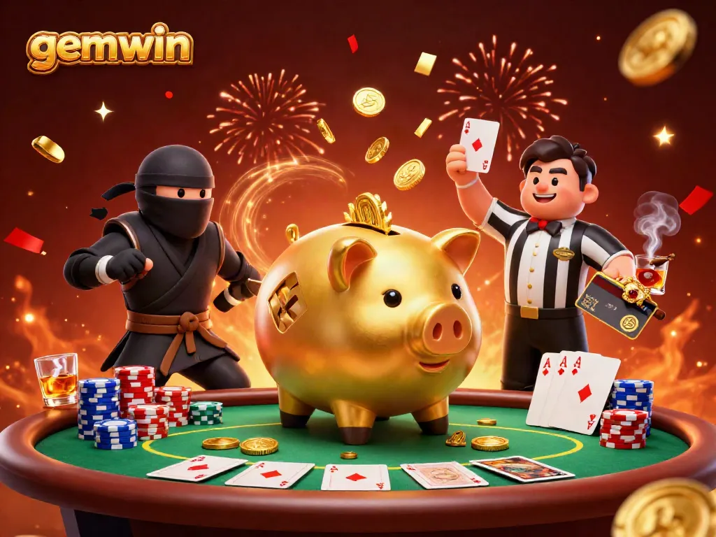 Engage with gemwin's vibrant online casino action featuring a golden pig sumo wrestler, ninja, and samurai in a dynamic poker scene.