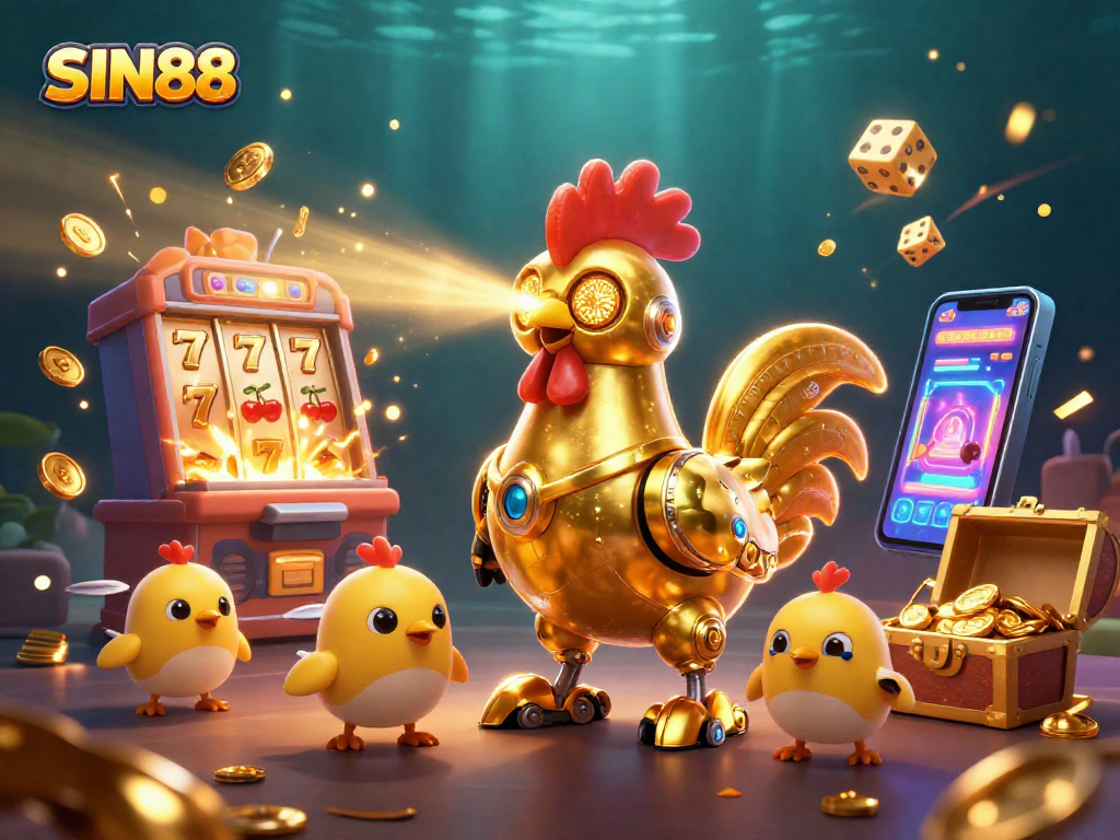 SIN88 showcases a retro-futuristic rooster robot unleashing vibrant casino magic in a thrilling scene.