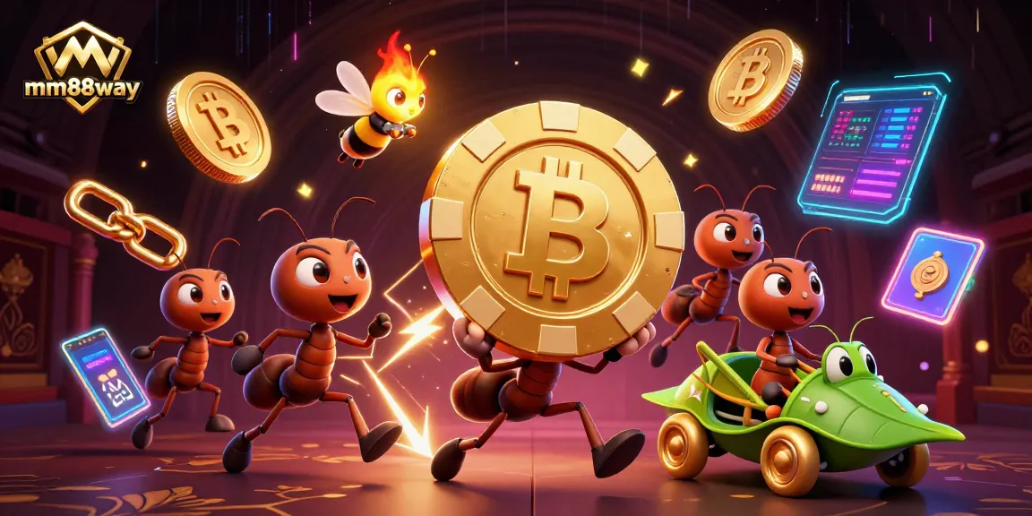 Join the thrilling mm88way heist with a team of cartoon ants and crypto elements in a lively 3D scene.