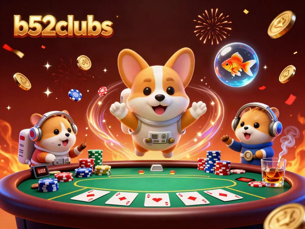 Experience thrilling gaming with b52clubs as a cartoon astronaut corgi navigates a vibrant space casino.