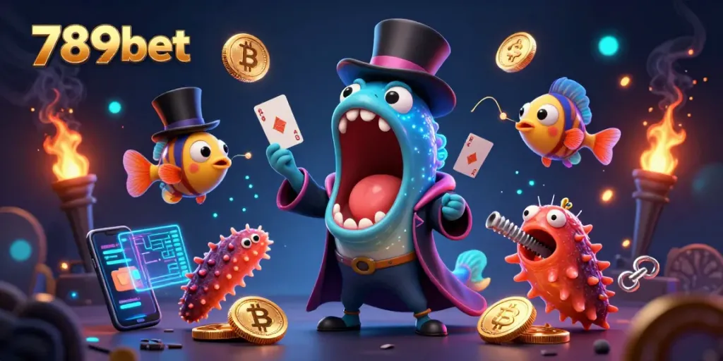 Perform card tricks with 789bet in a vibrant underwater casino magic show featuring colorful sea creatures.