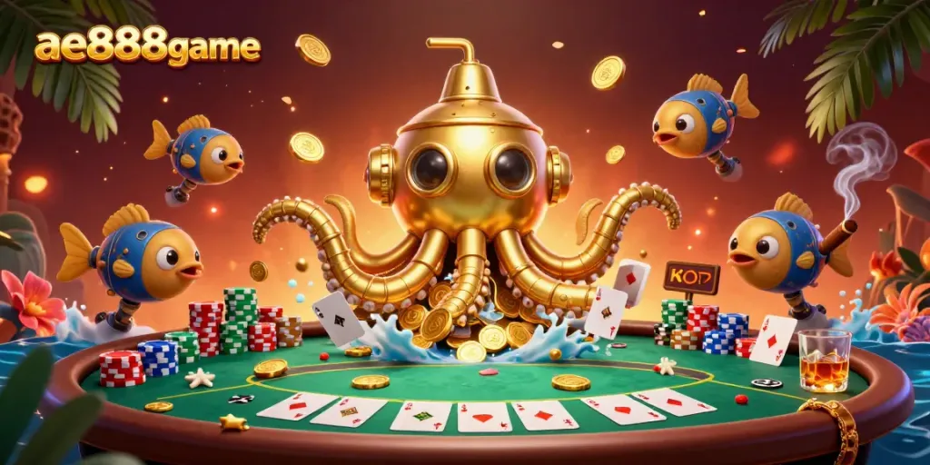 Experience exciting gameplay at ae888game with a golden kraken submarine amidst golden coins and a poker setup.