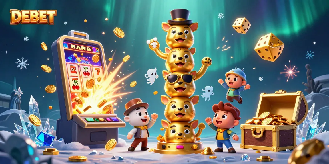 Play exciting games at DEBET with vibrant scenes of slots, jackpots, and action-packed gaming.