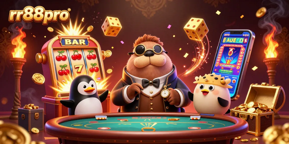 Join the fun at rr88pro with playful characters enjoying underwater poker surrounded by vibrant casino elements.