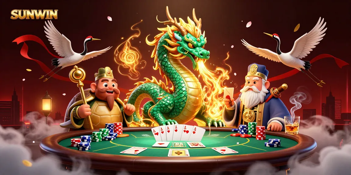 SUNWIN showcases an emerald jade dragon breathing fire over a lively poker scene, emphasizing epic casino action.