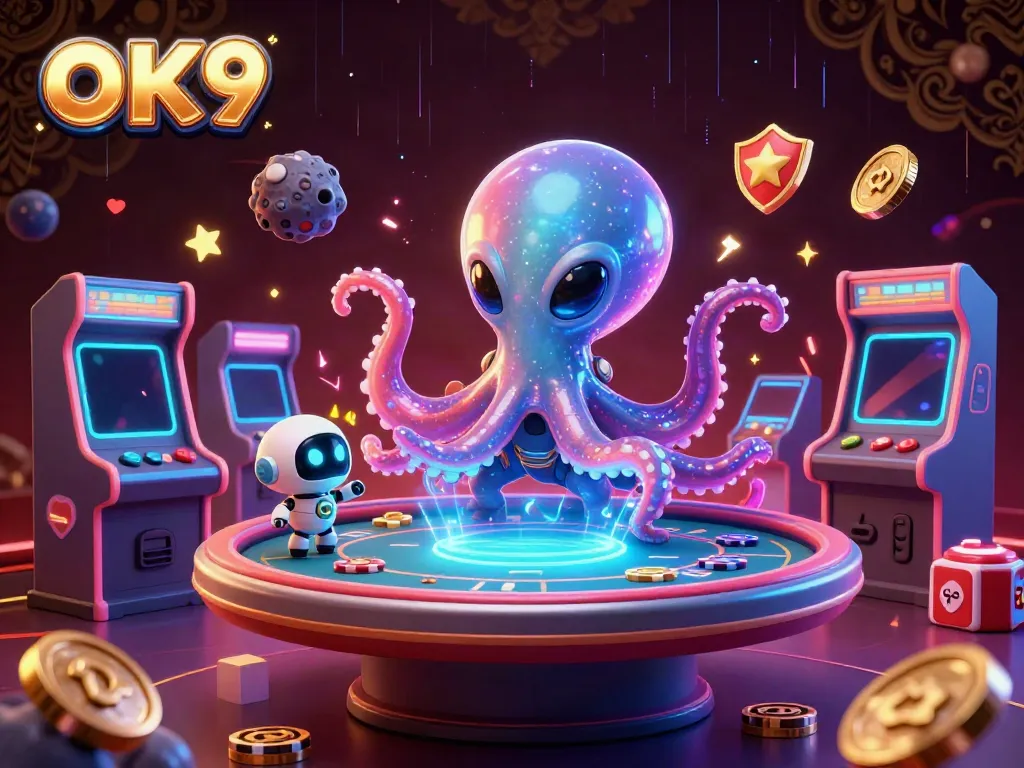Engaging gameplay at OK9 with an octopus dealer and robot companion at a futuristic poker table.