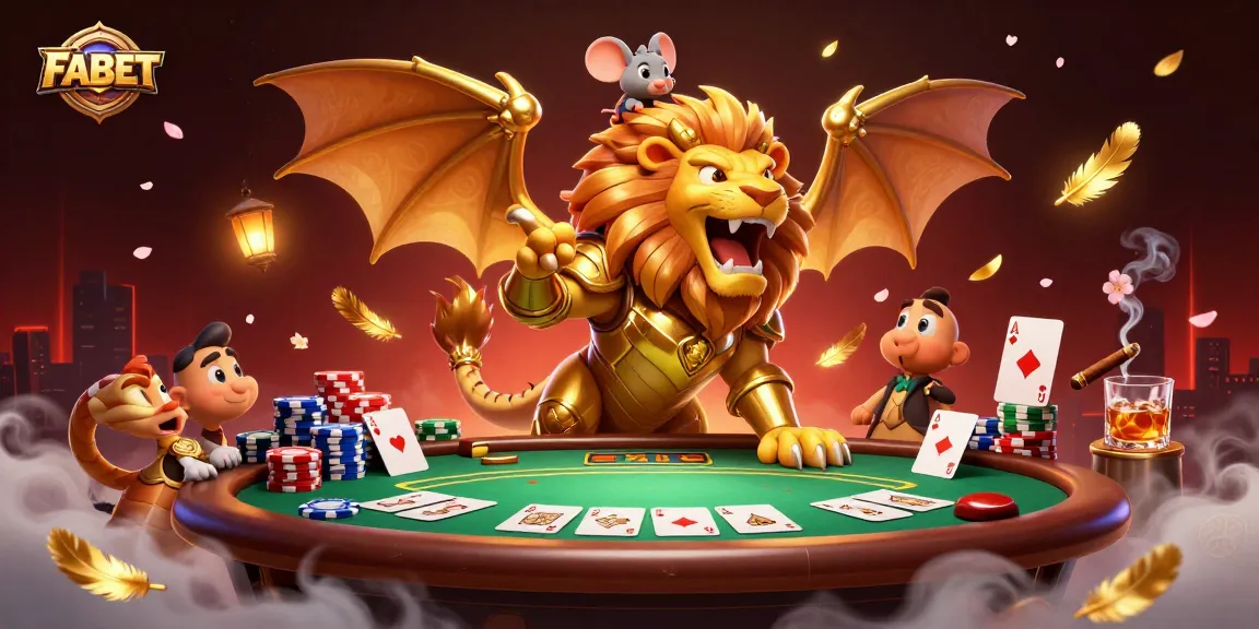 FABET game scene featuring a majestic chimera creature, poker elements, and vibrant casino ambiance.
