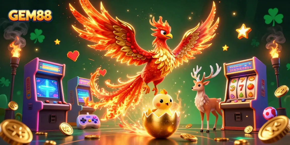 Engage with GEM88's vibrant casino world featuring a phoenix and slot machines.