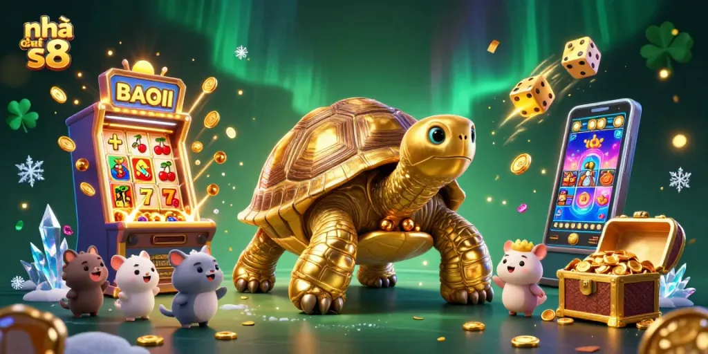 Engaging illustration showcasing nhà cái s8 with a 3D golden tortoise and vibrant casino elements.