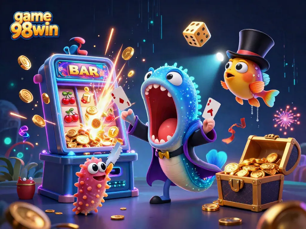 Engage in exciting gameplay with game 98win as vibrant characters animate a casino magic act.