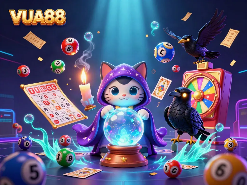 Engage in thrilling games with VUA88 featuring a mystical scene of a cartoon fortune teller and vibrant elements.