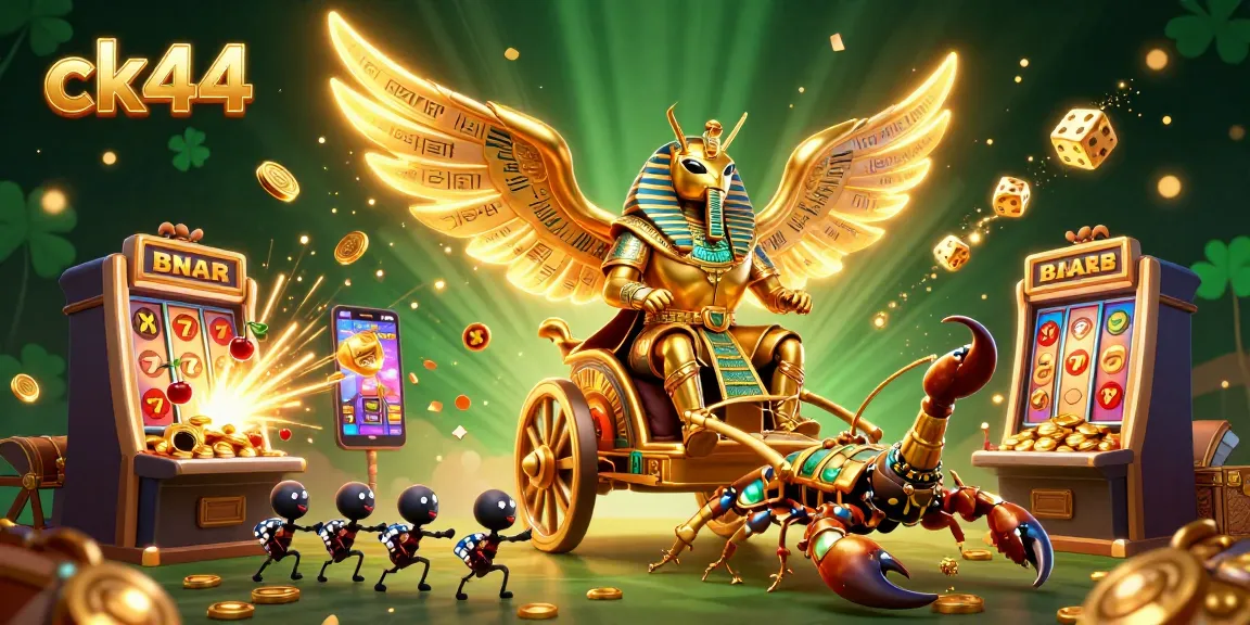 Experience the excitement of ck44 with a dynamic casino scene featuring a golden scarab beetle and animated slot machines.