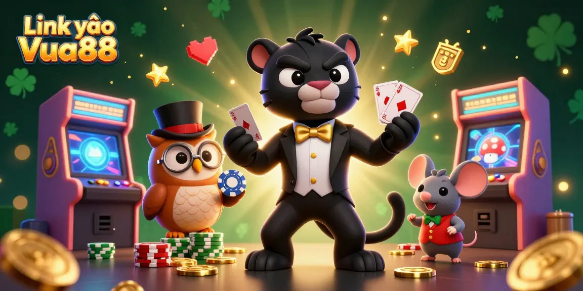 Experience excitement with Link vào Vua88, featuring a classy panther and playful companions amidst vibrant casino action.