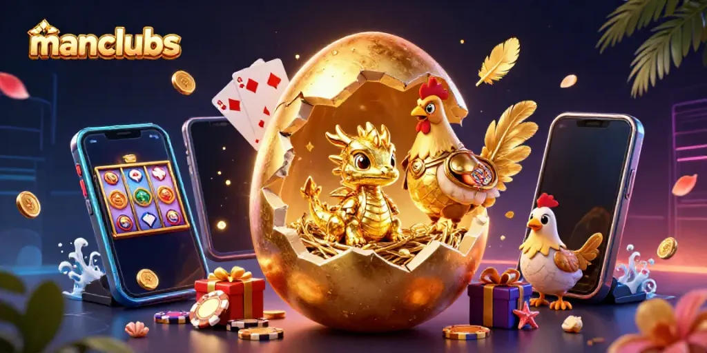 Engage in thrilling gaming at manclubs with a golden dragon amidst colorful slot games and poker chips.