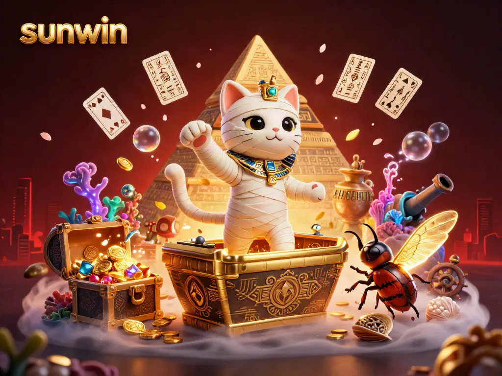 Experience the thrilling sunwin gaming atmosphere with a vibrant mummy cat and treasure-filled adventure.