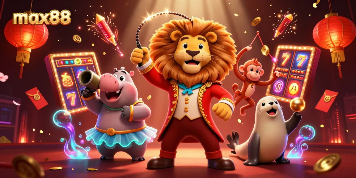 Experience thrilling max88 gameplay with a vibrant circus scene featuring colorful slot reels and animated characters.