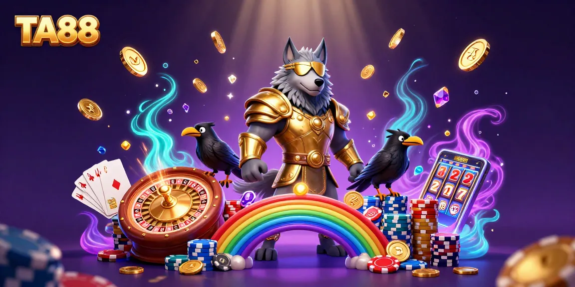 Experience the thrill of TA88 with a vibrant illustration showcasing a legendary wolf and casino elements.