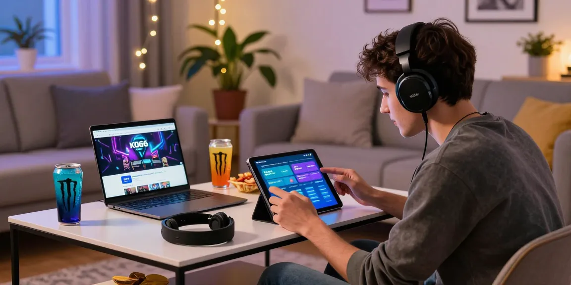 Enjoying KO66 app in a cozy gaming setup with tablet, snacks, and ambiance