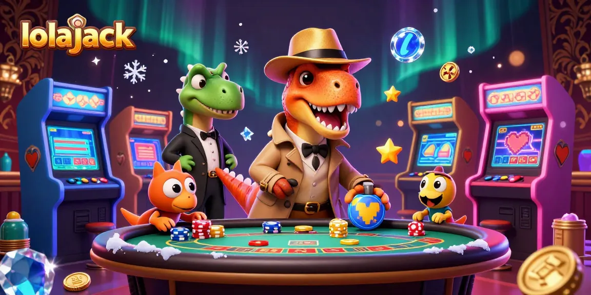 Experience the action at lolajack Casino with a clever velociraptor countering chips amidst vibrant gaming elements!