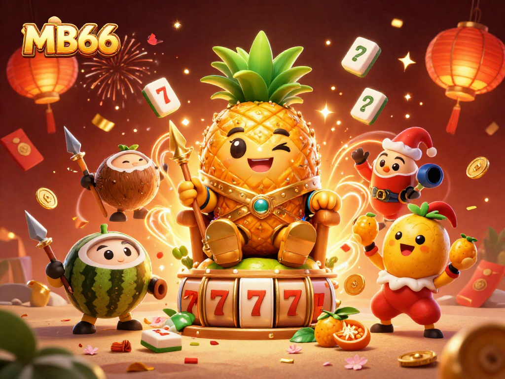Engage with MB66 in an exciting beach casino scene featuring a golden pineapple king and dynamic gaming elements.