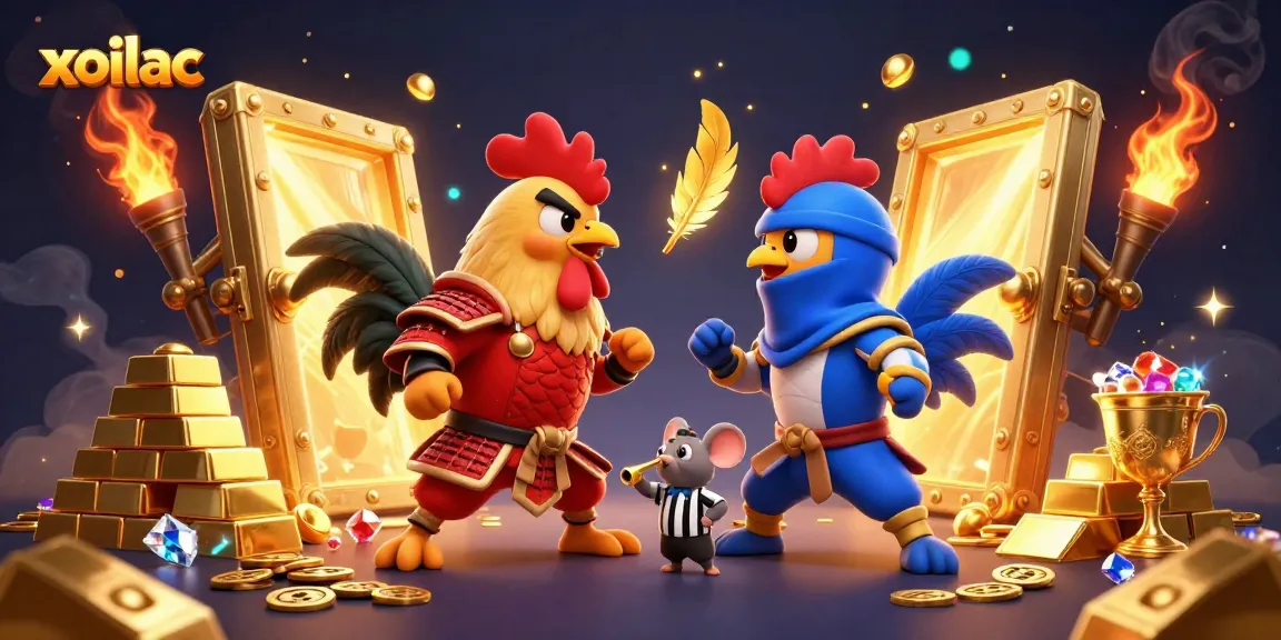 Engage in thrilling wagers with xoilac's exciting rooster duel amidst golden treasures and vibrant casino elements.