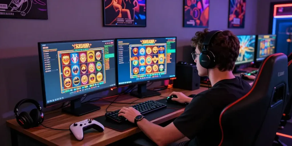 Pengguna bermain slot88 di kursi gaming dengan layar ganda, menunjukkan grafis slot yang kaya warna dan suasana yang menarik.